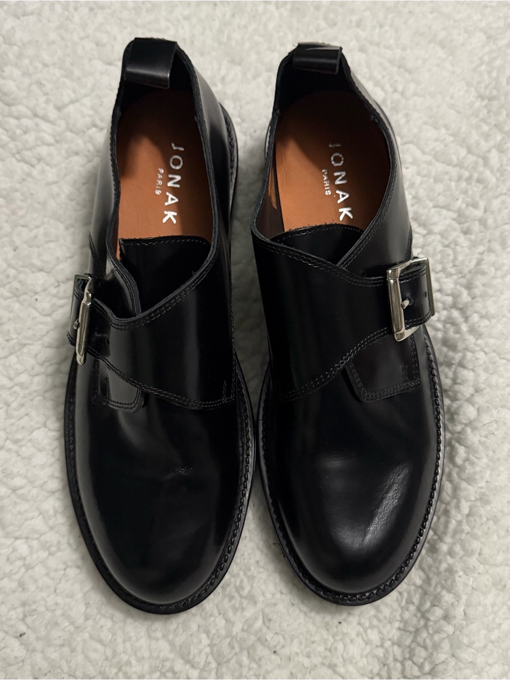 Jonak Paris Buckle Derbies in Glazed Black Leather Atlantis Sz 37